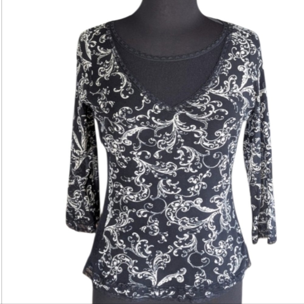 Vintage Y2K Mesh Top Lace Trim Boho Retro Black and White Blouse